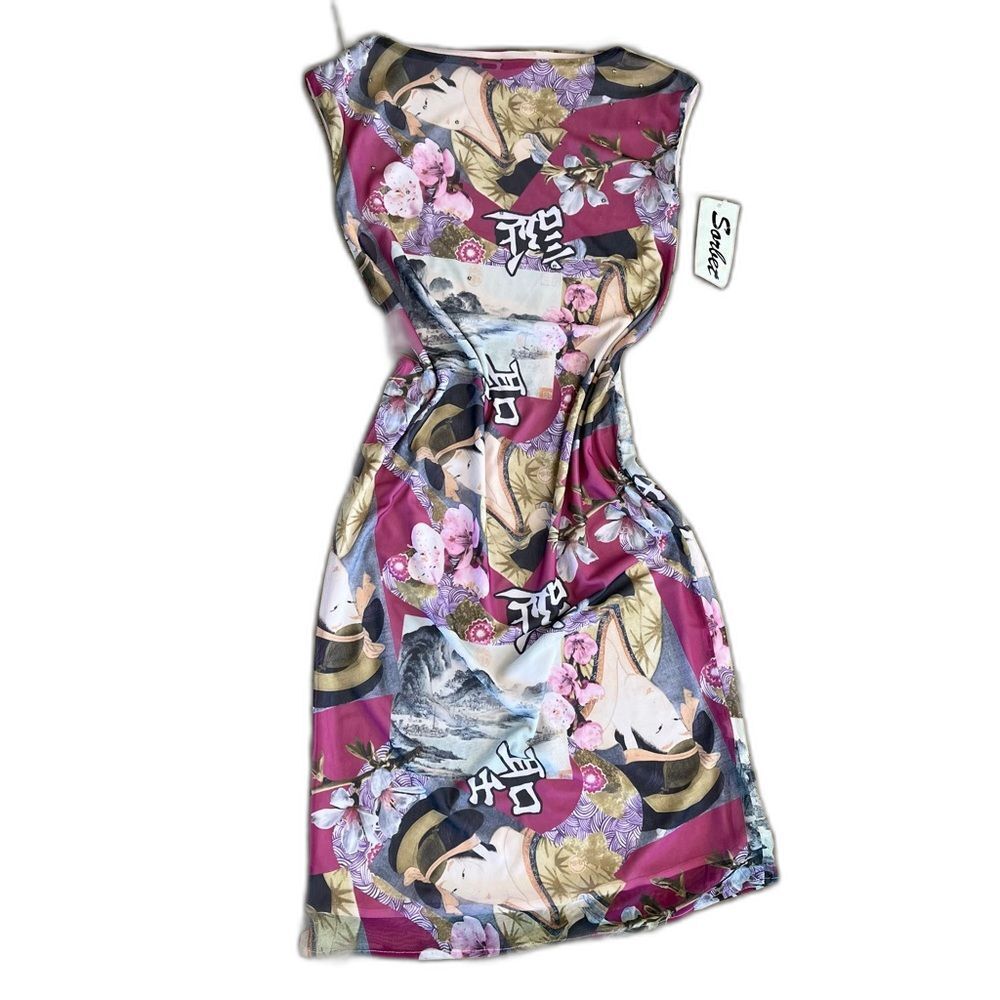 NWT Vintage y2k Asian Japanese Art Mesh Chiffon Sheath Dress McBling Size M